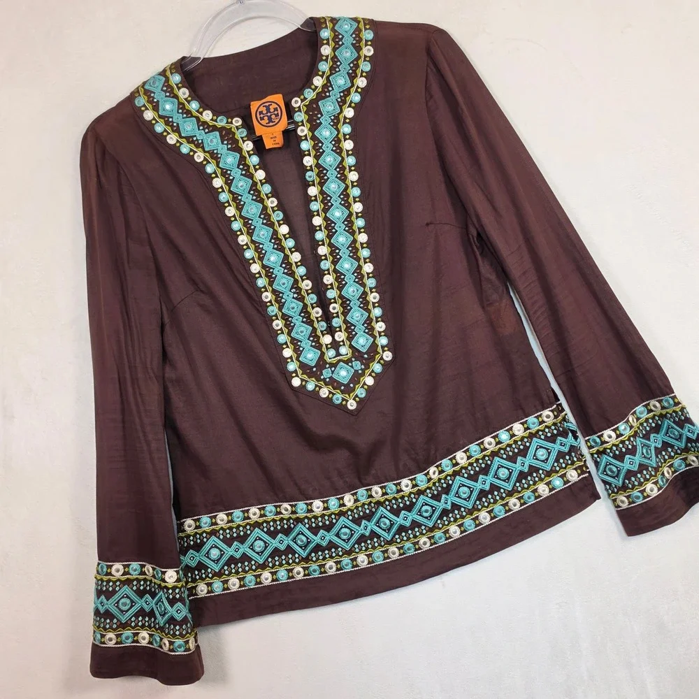 Tory Burch Tunic Women 2 Brown Boho Coastal Festival Embroidered Blue Resortwear
